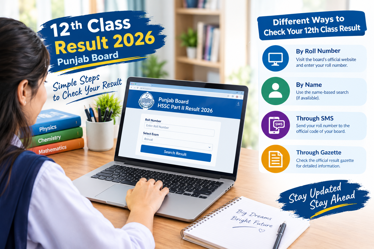 Featured image for The Reader’s 12th Class Result 2026 article, showing students checking their Punjab Board 2nd Year result online. The image highlights different result-checking methods, including roll number, name, SMS, and gazette.