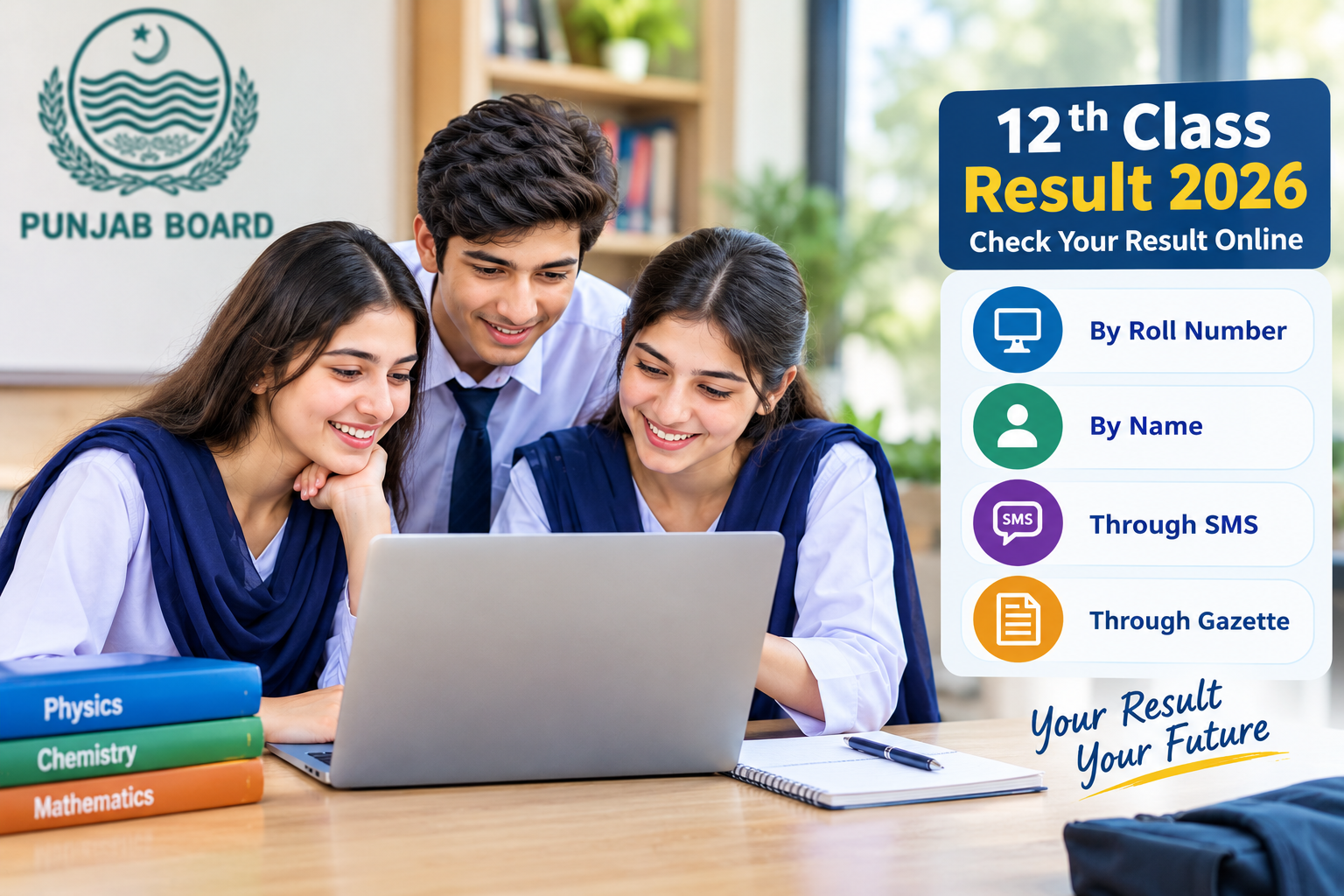 Featured image for The Reader’s 12th Class Result 2026 article, showing students checking their Punjab Board 2nd Year result online. The image highlights different result-checking methods, including roll number, name, SMS, and gazette.