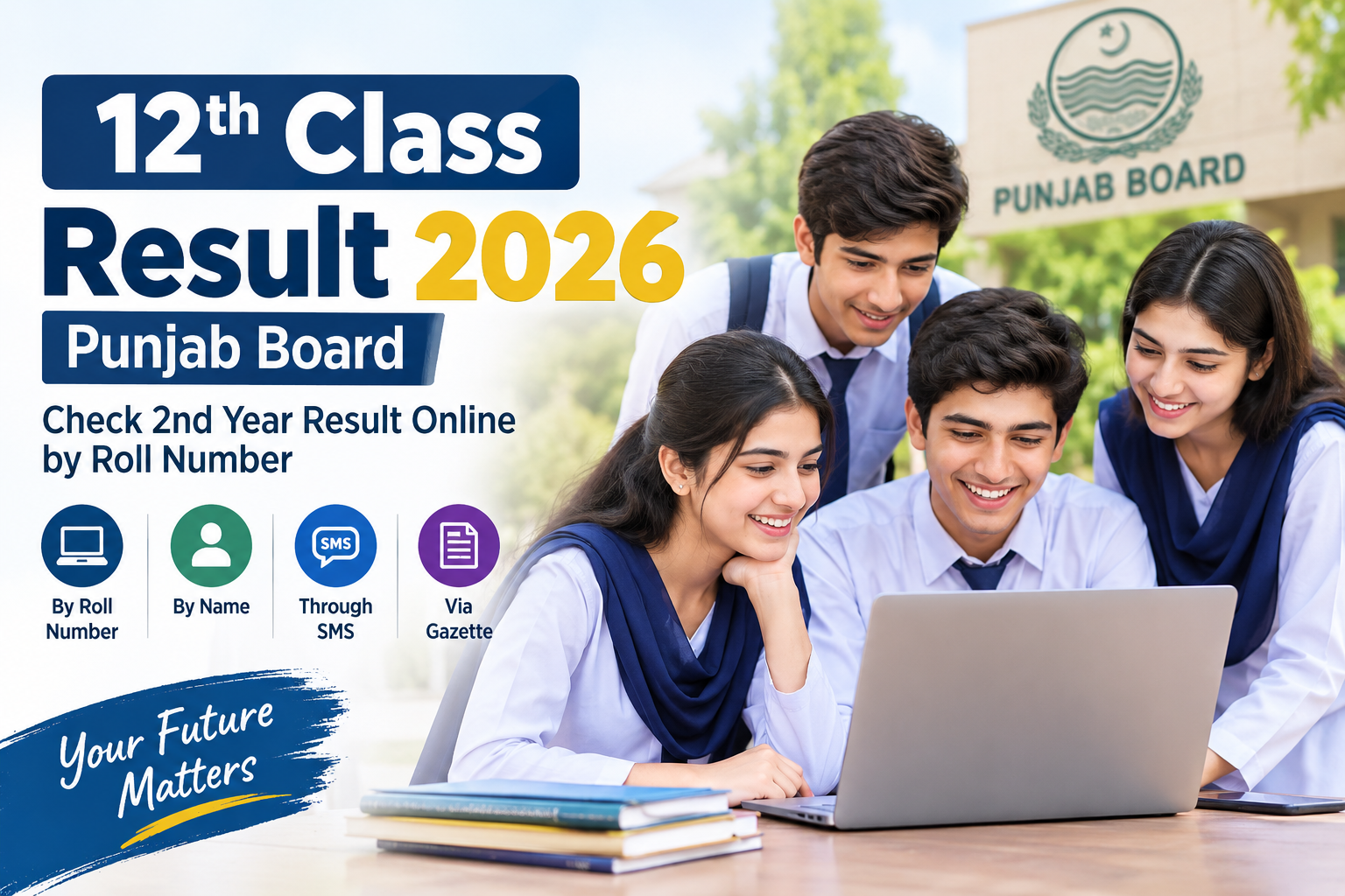 Featured image for The Reader’s 12th Class Result 2026 article, showing students checking their Punjab Board 2nd Year result online. The image highlights different result-checking methods, including roll number, name, SMS, and gazette.
