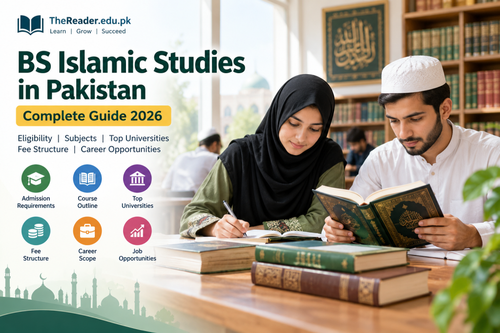 Students studying Islamic Studies in a university library in Pakistan
