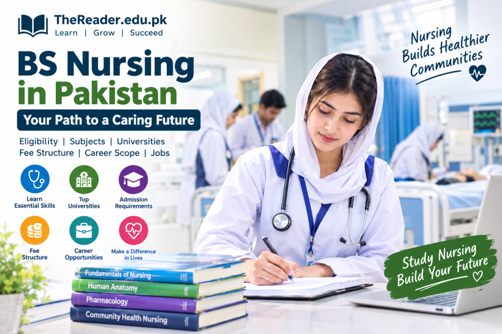BS Nursing in Pakistan 2026 featuring a nursing student studying in a clinical training environment.