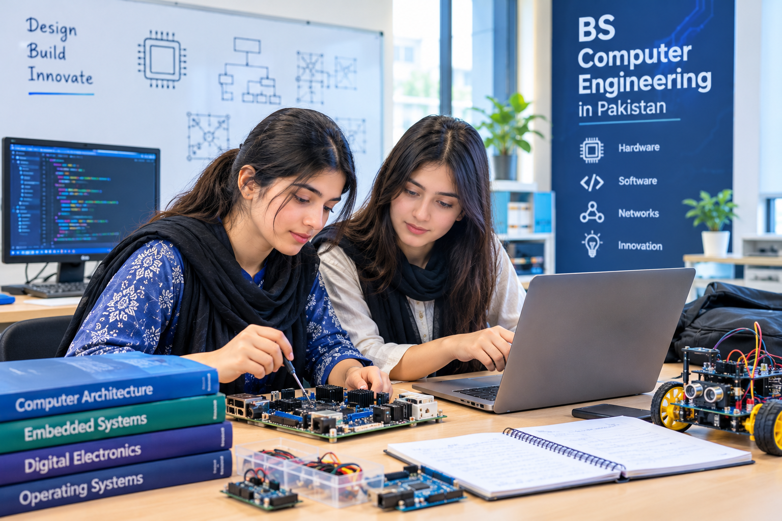 Two female students learning computer engineering and working on a circuit board in a computer lab. 