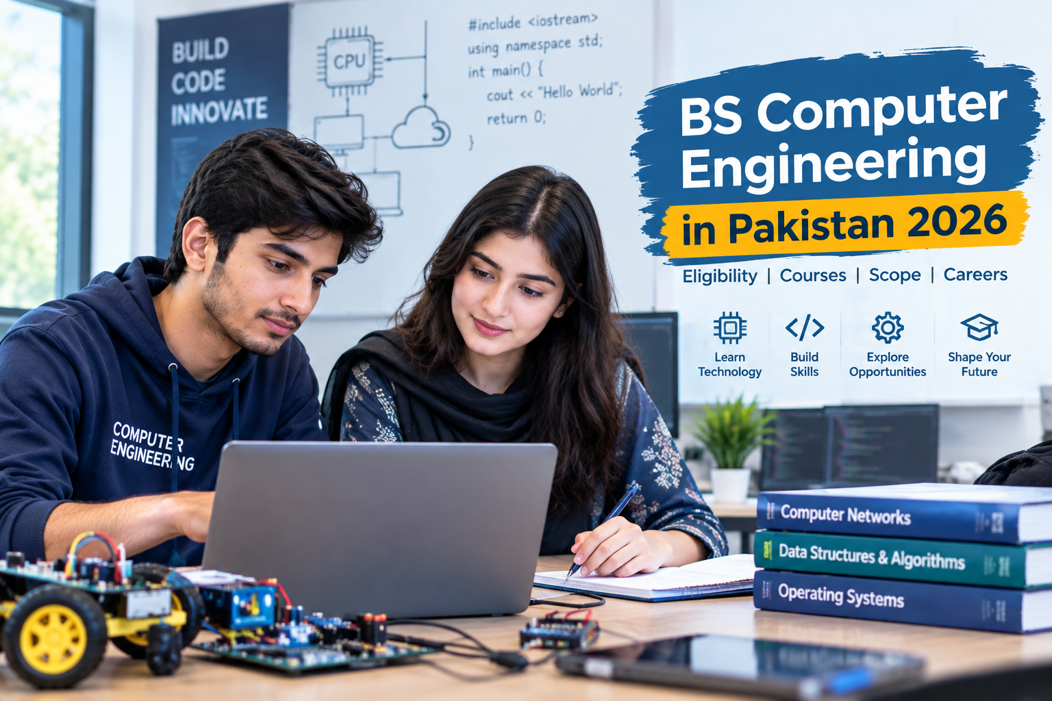 Two female students learning computer engineering and working on a circuit board in a computer lab.
