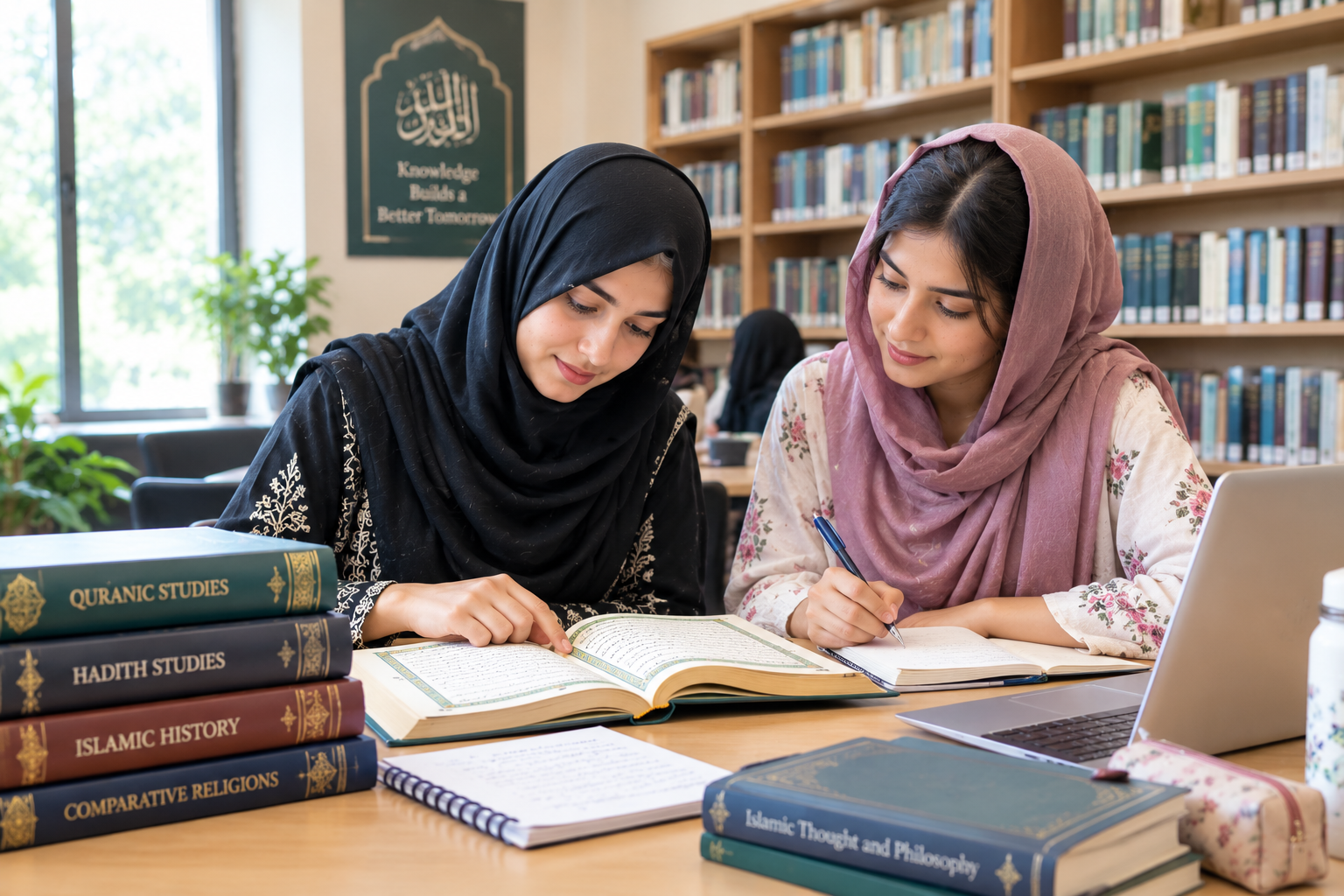 Students studying Islamic Studies and Quranic texts in a university library.