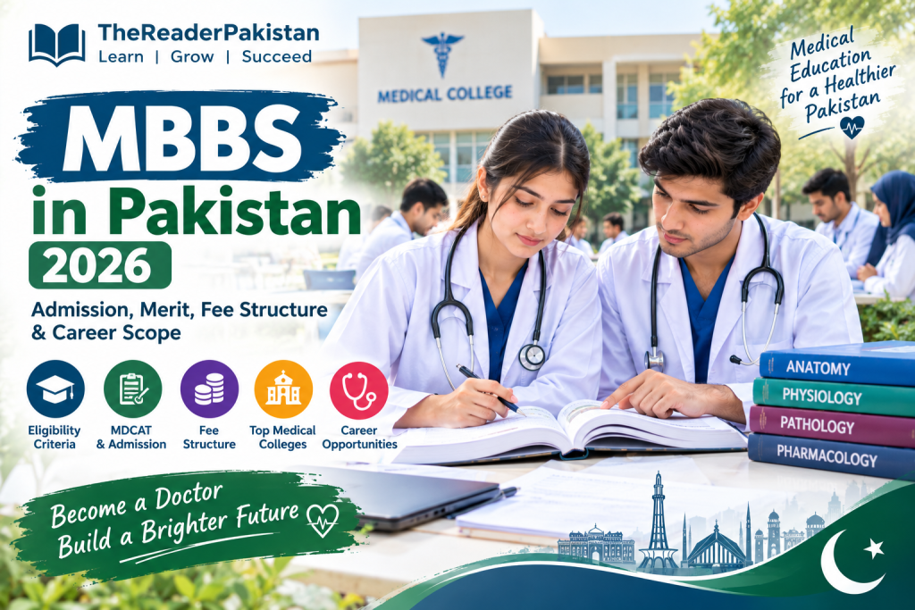 Medical students in white coats studying MBBS in Pakistan at a medical college.