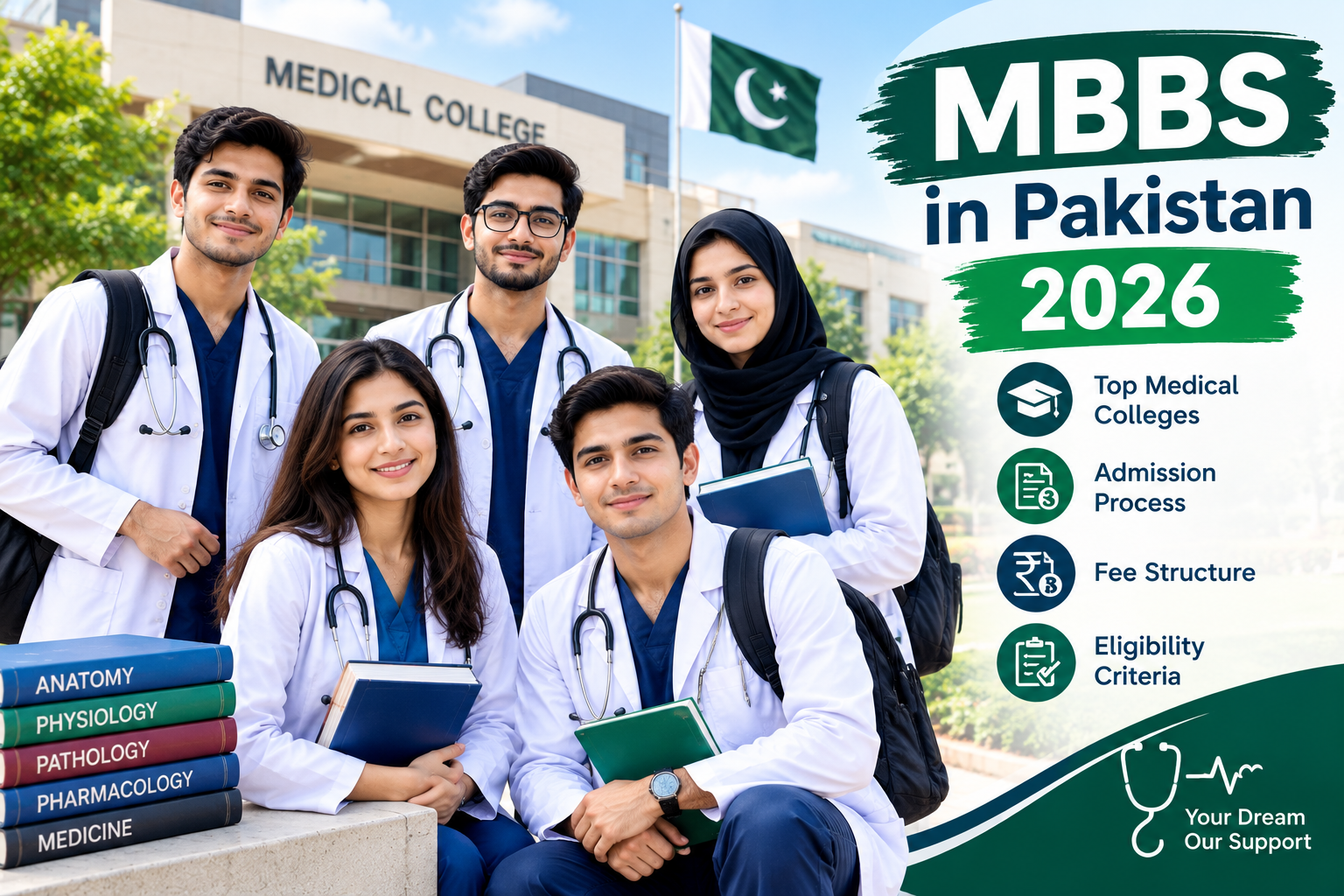 MBBS in Pakistan 2026 featuring five medical students in white coats with information about medical college admissions, fee structure, and eligibility criteria.