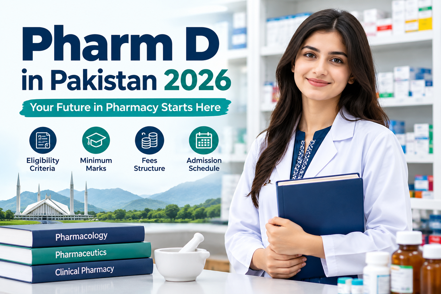 Pharm D in Pakistan 2026 – Admission, Fees & Scope Pharm D in Pakistan 2026 featuring three female students and one male student in white lab coats, pharmacy education, admission eligibility, minimum marks, fees, and admission schedule.
