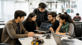 Two female students learning computer engineering and working on a circuit board in a computer lab.