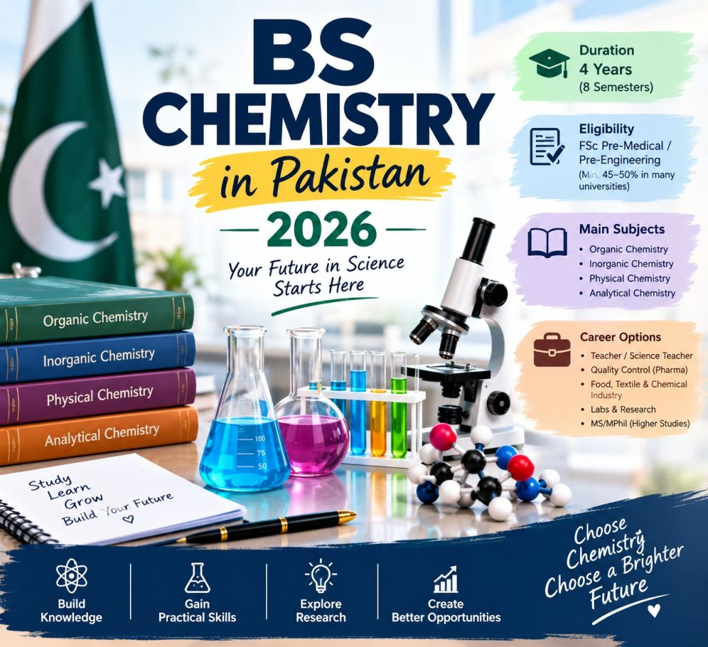 BS Chemistry in Pakistan 2026 – Scope, Subjects, Admission, Fees BS Chemistry students conducting laboratory experiments at a university in Pakistan.