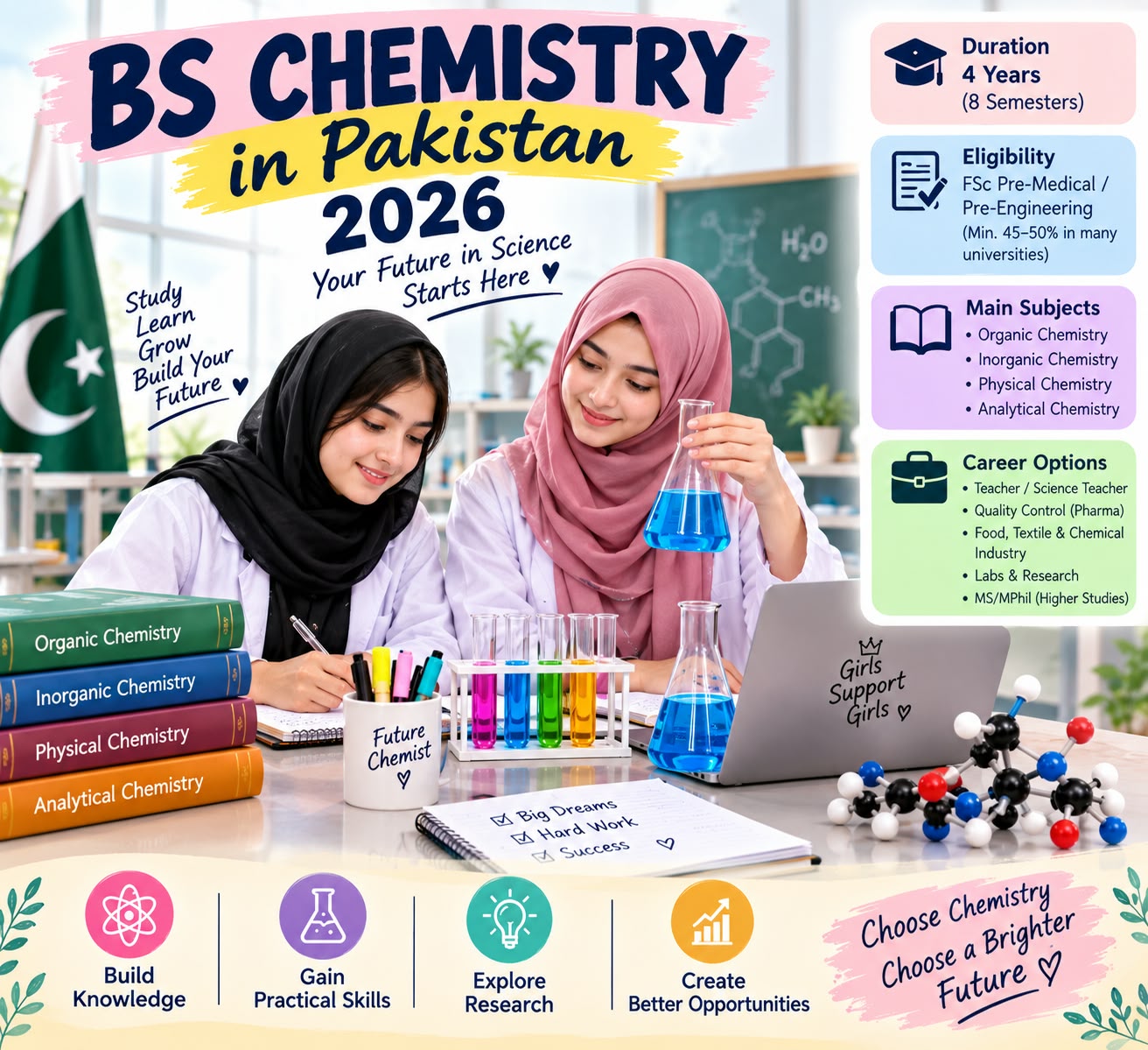 BS Chemistry students conducting laboratory experiments at a university in Pakistan.