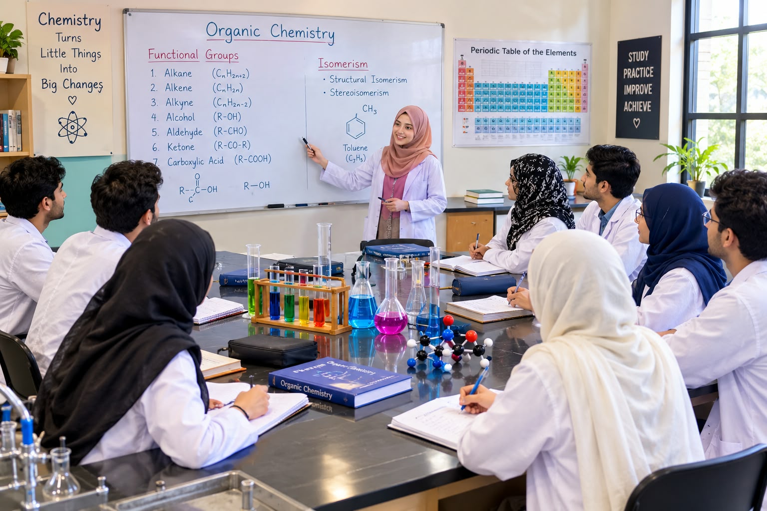 BS Chemistry students conducting laboratory experiments at a university in Pakistan.