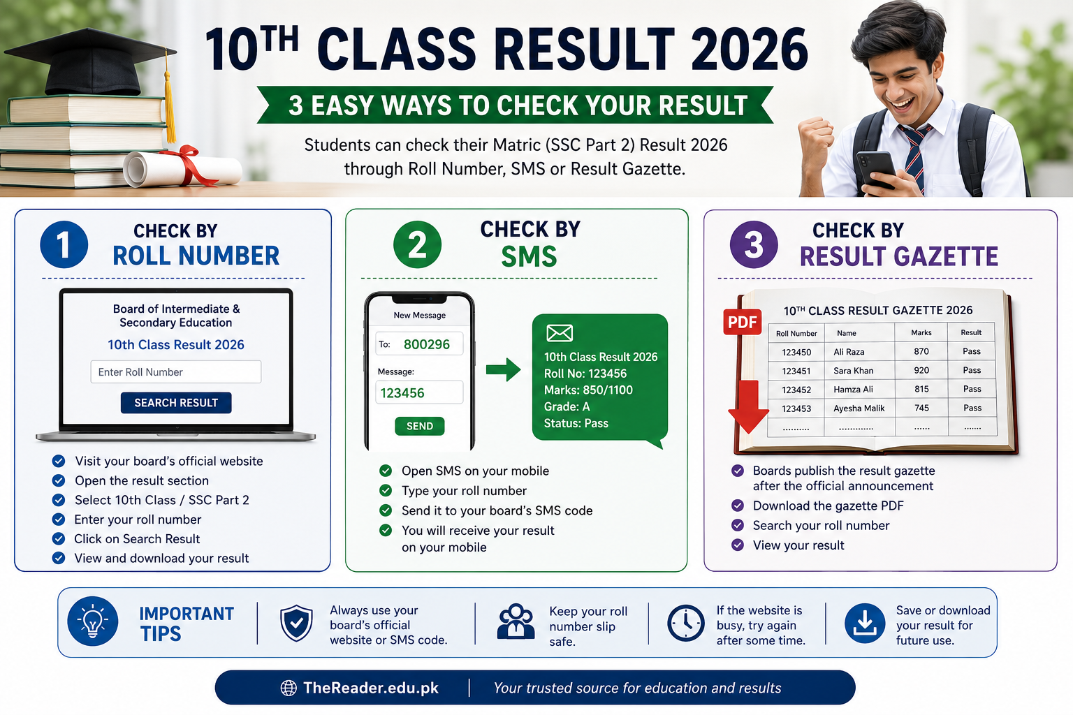 How to check 10th Class Result 2026 by roll number SMS and result gazette